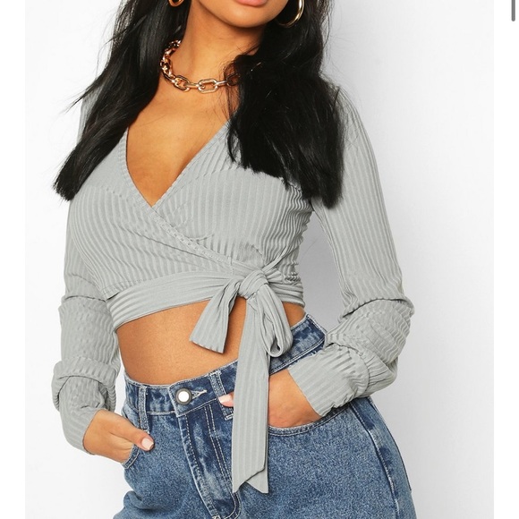 Boohoo White Ribbed Wrap Crop Top - Picture 3 of 3